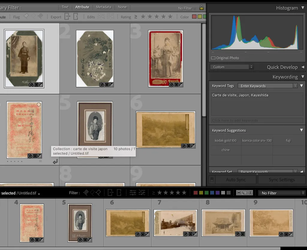 Bibliothèque Lightroom présentant une collection de cartes de visite anciennes du Japon, avec le panneau des mots-clés
