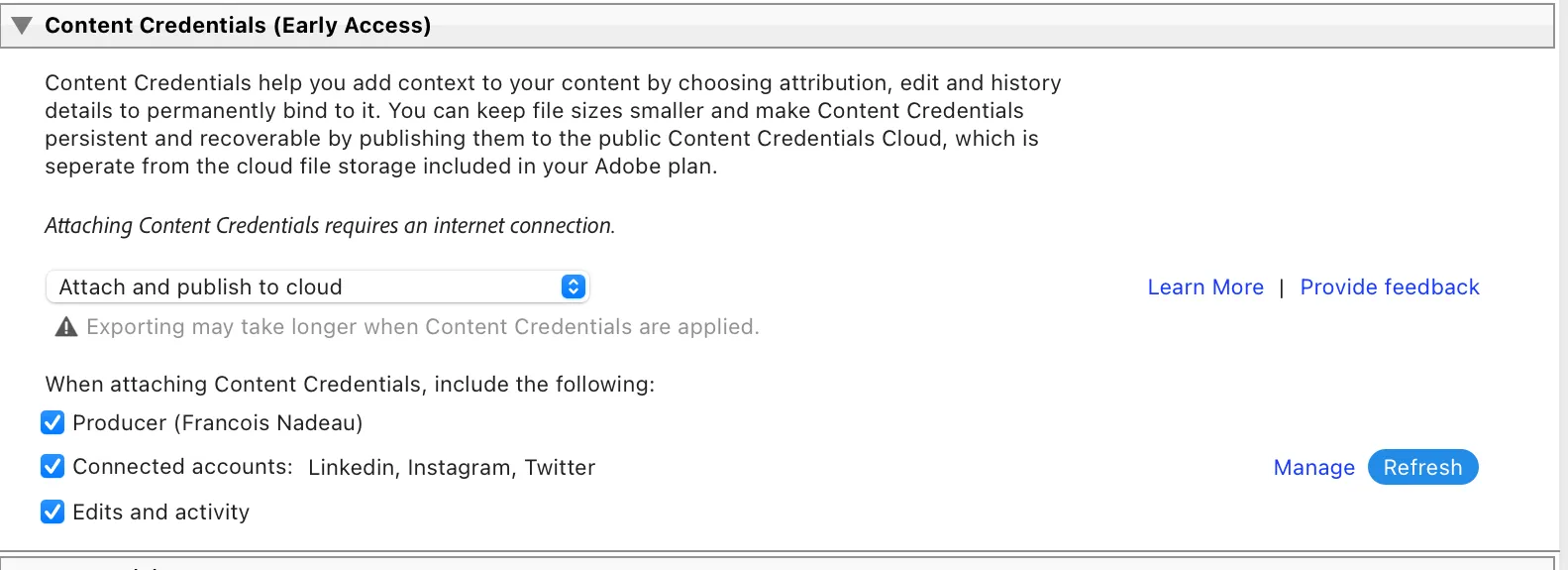 Panneau Content Credentials de Photoshop, avec les options producteur, comptes connectés, modifications et activité