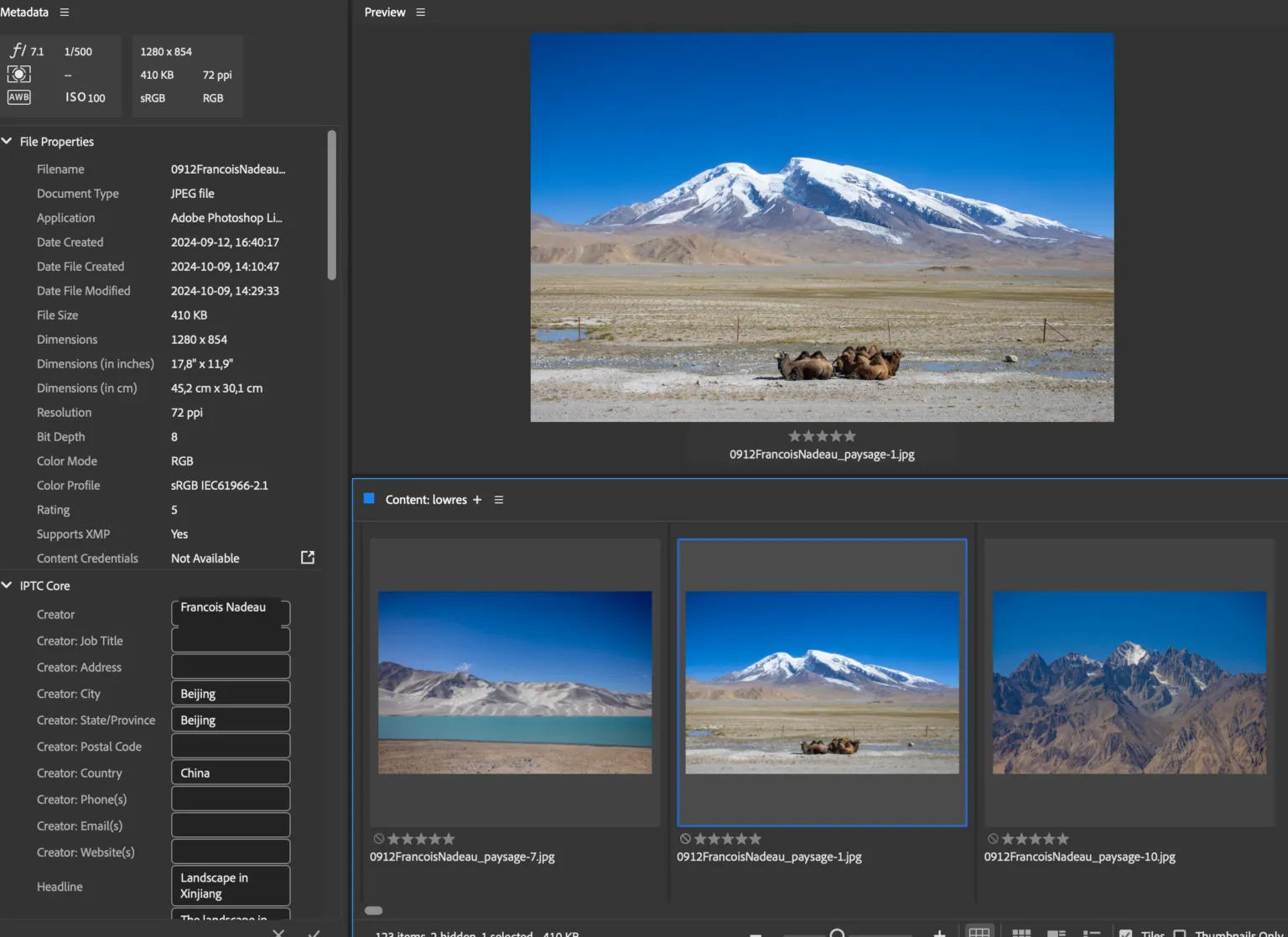 Adobe Bridge showing the IPTC metadata of snowy mountain landscape photos