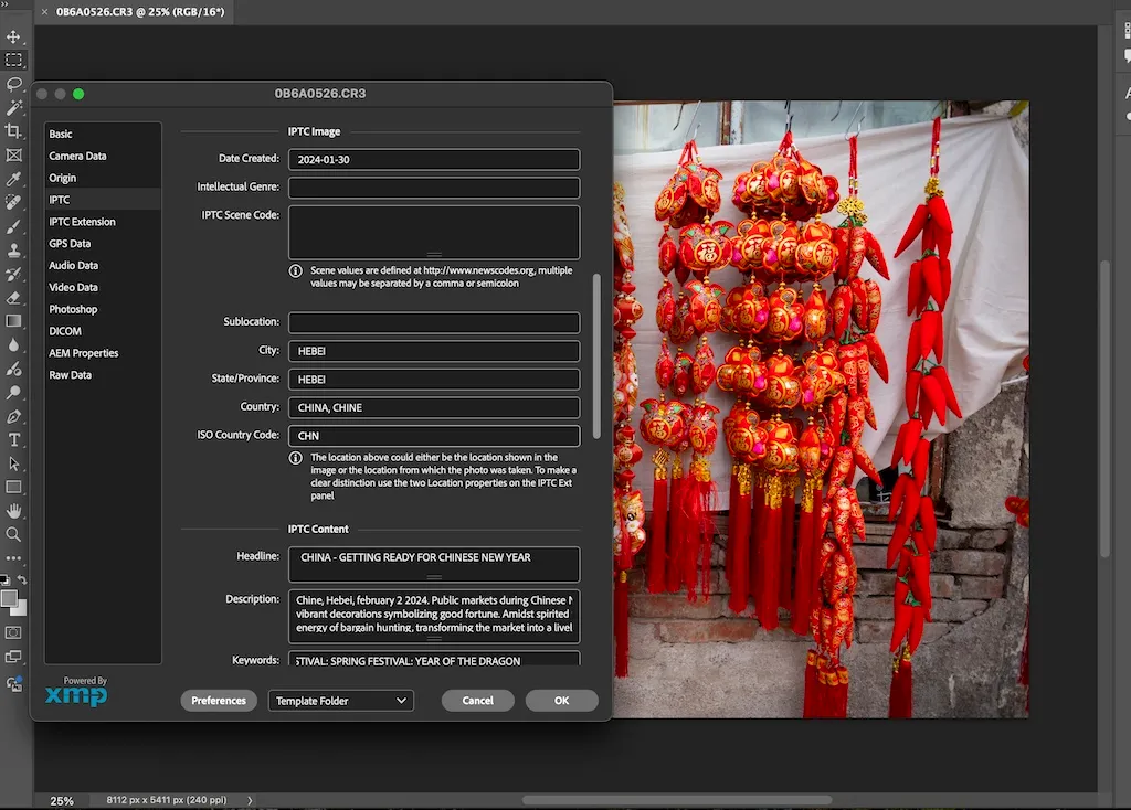 Photoshop IPTC metadata window for a photo of red Chinese New Year decorations