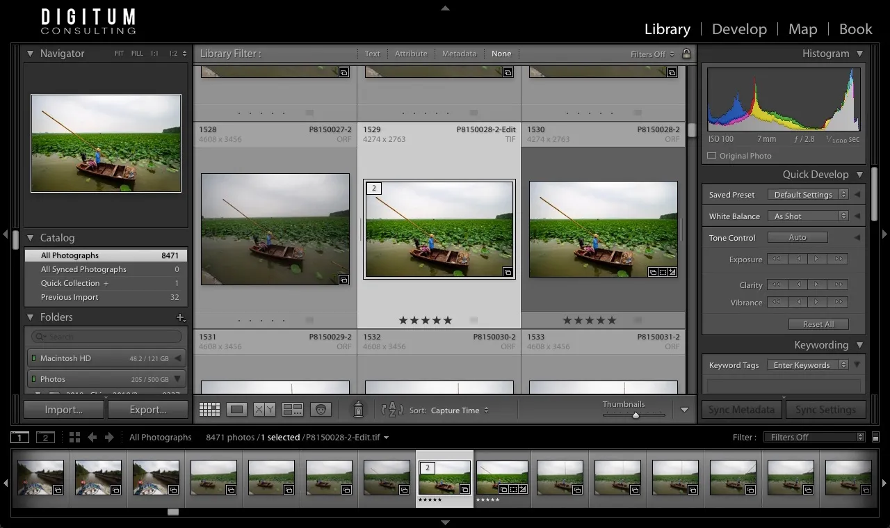 Lightroom Classic Library module showing a series of photos of a boat on a lotus pond